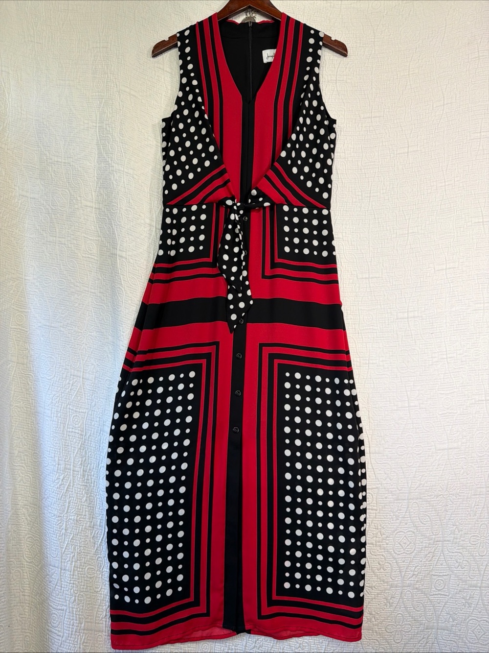 Joseph Ribkoff Dress Size 8 Maxi Long Sleeveless Black Red White Polka Dot Tie